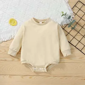 Sweatshirt Romper for Infant Baby Girl Boy Long Sleeve Crewneck Oversized Bodysuit Waffle Fall Winter Pullover Top (Solid Khaki, 12-18 Months)