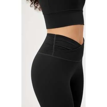 ODODOS Women's Cross Waist 7/8 Yoga Leggings with Inner Pocket, Inseam 25" Gathered Crossover Workout Yoga Pants, Black, X-Large