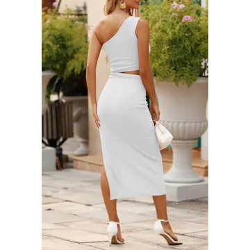 PRETTYGARDEN Women's 2024 Summer Midi Dress Sleeveless One Shoulder Cutout Side Slit Bodycon Dresses (White,Small)