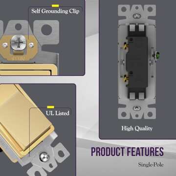 ENERLITES Elite Series Decorator Switch with Screwless Wall Plate, Paddle Light Switch, Single Pole, 3 Wire, Grounding Screw, Residential Grade, 15A 120V, UL Listed, 91150-GDWP, Gold with Wall Plate