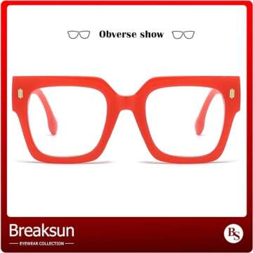Breaksun Fashion Oversized Blue Light Blocking Glasses for Women Men Trendy Big Square Frame Computer Eyeglasses (Red)