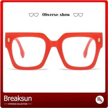 Breaksun Fashion Oversized Blue Light Blocking Glasses for Women Men Trendy Big Square Frame Computer Eyeglasses (Red)