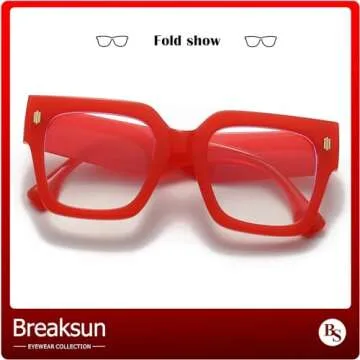 Breaksun Fashion Oversized Blue Light Blocking Glasses for Women Men Trendy Big Square Frame Computer Eyeglasses (Red)