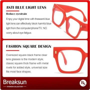 Breaksun Fashion Oversized Blue Light Blocking Glasses for Women Men Trendy Big Square Frame Computer Eyeglasses (Red)