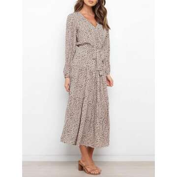 PRETTYGARDEN Womens Fall Long Sleeve Wrap V Neck Ruffle Floral Maxi Dress Casual Tie Waist Boho Chiffon Flowy Long Dresses