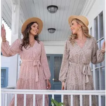 PRETTYGARDEN Womens Fall Long Sleeve Wrap V Neck Ruffle Floral Maxi Dress Casual Tie Waist Boho Chiffon Flowy Long Dresses