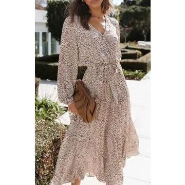 PRETTYGARDEN Womens Fall Long Sleeve Wrap V Neck Ruffle Floral Maxi Dress Casual Tie Waist Boho Chiffon Flowy Long Dresses