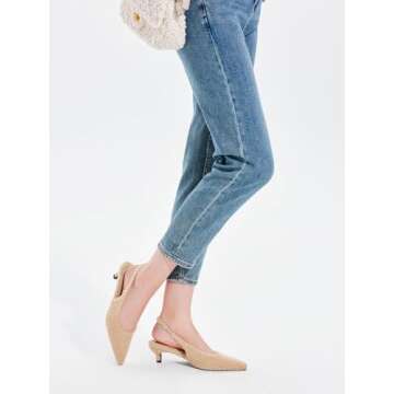 Coutgo Womens Slingback Kitten Low Heels Closed Pointed Toe Fuzzy Curly Fur Slip on Cute Pumps Dress Shoes Khaki