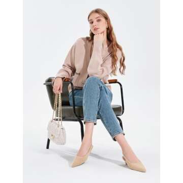 Coutgo Womens Slingback Kitten Low Heels Closed Pointed Toe Fuzzy Curly Fur Slip on Cute Pumps Dress Shoes Khaki