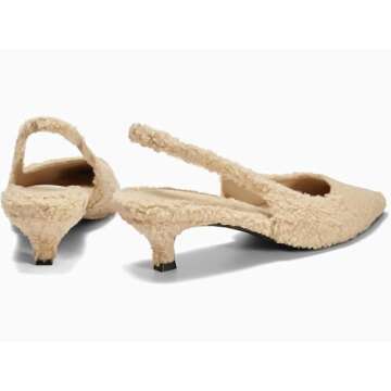 Coutgo Womens Slingback Kitten Low Heels Closed Pointed Toe Fuzzy Curly Fur Slip on Cute Pumps Dress Shoes Khaki