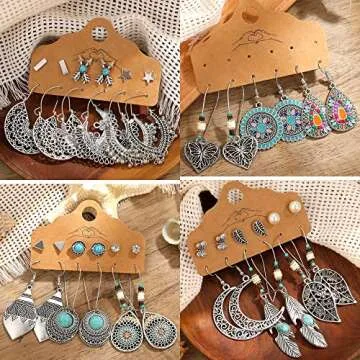 45 Pairs Vintage Silver Drop Dangle Earrings Set for Women Bohemian Bronze Waterdrop Leaf Earrings