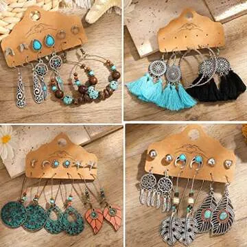 45 Pairs Vintage Silver Drop Dangle Earrings Set for Women Bohemian Bronze Waterdrop Leaf Earrings