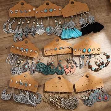 45 Pairs Vintage Silver Drop Dangle Earrings Set for Women Bohemian Bronze Waterdrop Leaf Earrings