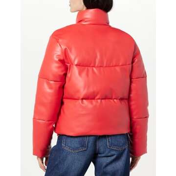The Drop Women's Priscilla Vegan Leather Puffer Jacket in Fiery Red