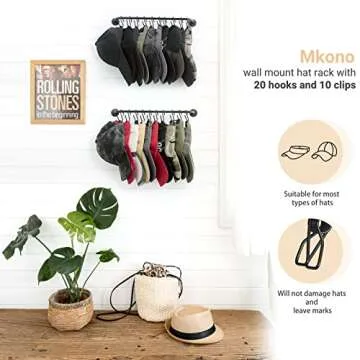 Mkono Hat Rack for Wall Baseball Cap Organizer Hanger with 20 Hooks Modern Metal Hat Holder Wall-Mounted Caps Display for Closet Door Bedroom Entryroom Laundry, Set of 2, Black