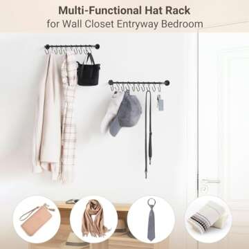 Mkono Hat Rack for Wall Baseball Cap Organizer Hanger with 20 Hooks Modern Metal Hat Holder Wall-Mounted Caps Display for Closet Door Bedroom Entryroom Laundry, Set of 2, Black