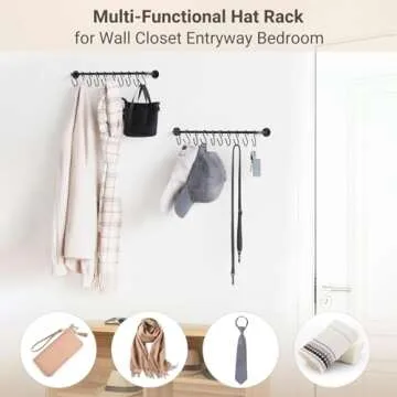 Mkono Hat Rack for Wall Baseball Cap Organizer Hanger with 20 Hooks Modern Metal Hat Holder Wall-Mounted Caps Display for Closet Door Bedroom Entryroom Laundry, Set of 2, Black