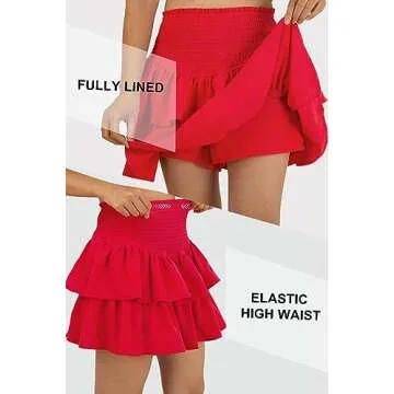 Vigorics Red Skirt High Waist Ruffle Skirt Pleated Tiered Skirt Women's Layered Flowy Skorts Skirts for Weddings and Romantic Occasions Red M