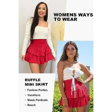 Vigorics Red Skirt High Waist Ruffle Skirt Pleated Tiered Skirt Women's Layered Flowy Skorts Skirts for Weddings and Romantic Occasions Red M