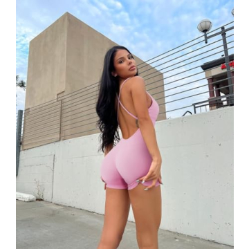 MOOSLOVER Women Strappy Backless Jumpsuits Tummy Control Bodycon Yoga Romper One Piece Workout Jumpsuit Shorts(S,#1 Light Pink)