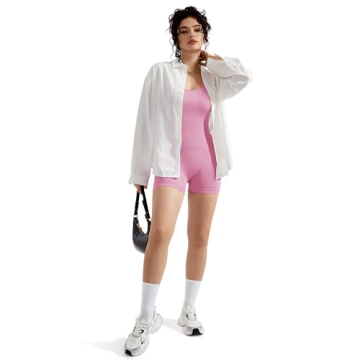 MOOSLOVER Women Strappy Backless Jumpsuits Tummy Control Bodycon Yoga Romper One Piece Workout Jumpsuit Shorts(S,#1 Light Pink)