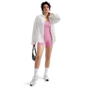 MOOSLOVER Women Strappy Backless Jumpsuits Tummy Control Bodycon Yoga Romper One Piece Workout Jumpsuit Shorts(S,#1 Light Pink)