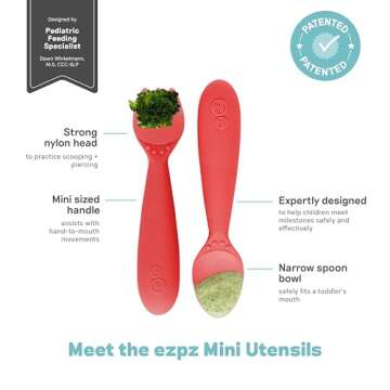 ezpz Mini Utensils - 12 Months+ (Fork & Spoon in Coral) - 100% BPA Free Fork and Spoon - Toddler Ute...