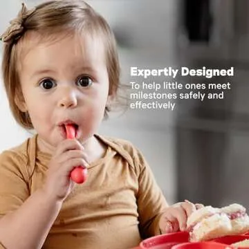 ezpz Mini Utensils - 12 Months+ (Fork & Spoon in Coral) - 100% BPA Free Fork and Spoon - Toddler Utensils - Designed by a Pediatric Feeding Specialist