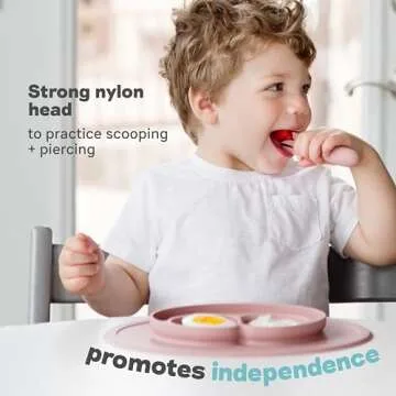 ezpz Mini Utensils - 12 Months+ (Fork & Spoon in Coral) - 100% BPA Free Fork and Spoon - Toddler Utensils - Designed by a Pediatric Feeding Specialist