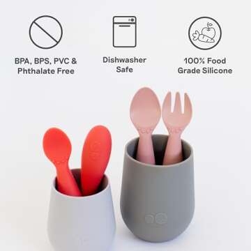 ezpz Mini Utensils - 12 Months+ (Fork & Spoon in Coral) - 100% BPA Free Fork and Spoon - Toddler Utensils - Designed by a Pediatric Feeding Specialist