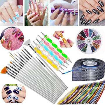 JOYJULY Nail Art Kit includes 30 Striping tape & 4Pcs Striping Roller Box & 12 Colors Rhinestones & 5pcs Dotting Pen & 15pcs Brush Set