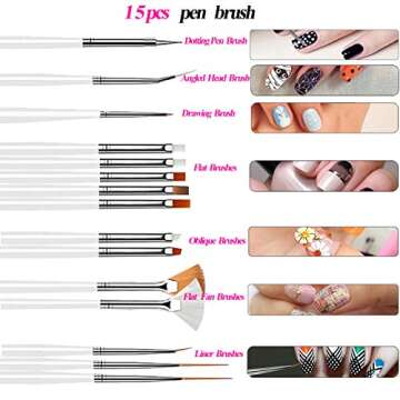 JOYJULY Nail Art Kit includes 30 Striping tape & 4Pcs Striping Roller Box & 12 Colors Rhinestones & 5pcs Dotting Pen & 15pcs Brush Set