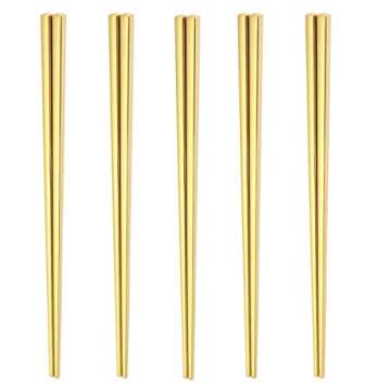 JUCOX Chopsticks Reusable, Metal Chopsticks 304 Stainless Steel Gold Chopsticks Dishwash Safe, 9 Inch Long 5 Pairs Set Square.