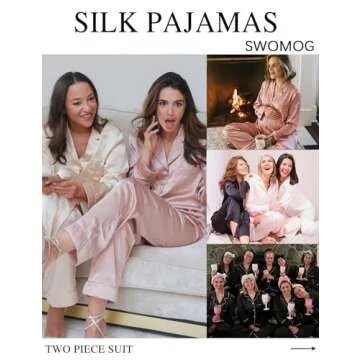 SWOMOG Long Sleeve Pajamas Set Silk Satin Sleepwear Button Down Pjs Loungewear with Pocket Black Small