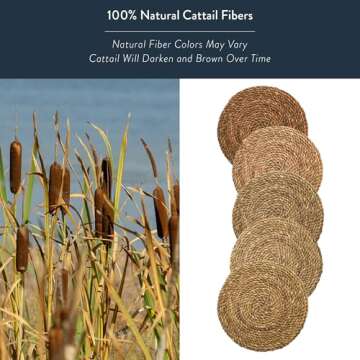 KAZI Essentials Boho Round Woven Placemats – Set of 6, Natural Wicker Cattail Placemats, Braided Heat Resistant Non-Slip Weave, Eco-Friendly Handmade by African Artisans (13" Round, Natural Cattail)