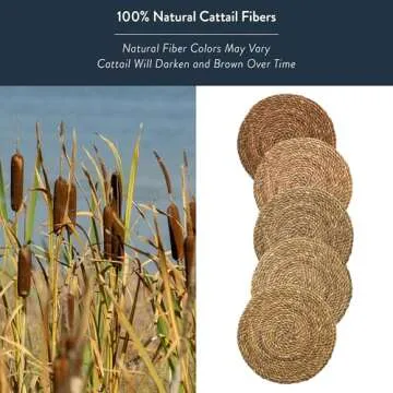 KAZI Essentials Boho Round Woven Placemats – Set of 6, Natural Wicker Cattail Placemats, Braided Heat Resistant Non-Slip Weave, Eco-Friendly Handmade by African Artisans (13" Round, Natural Cattail)