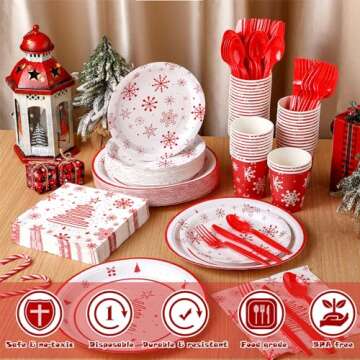 Suttmin 350 Pcs Paper Plates and Napkins Set Disposable Paper Plates Party Supplies Tableware Set Dinnerware Serve 50 Guest Cups Knife Forks Spoon(White,tree and Snowflakes)