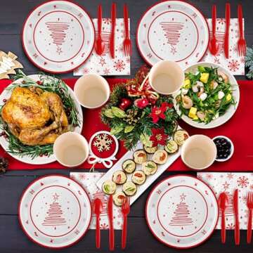 Suttmin 350 Pcs Paper Plates and Napkins Set Disposable Paper Plates Party Supplies Tableware Set Dinnerware Serve 50 Guest Cups Knife Forks Spoon(White,tree and Snowflakes)