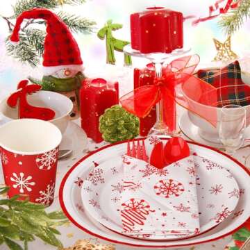 Suttmin 350 Pcs Paper Plates and Napkins Set Disposable Paper Plates Party Supplies Tableware Set Dinnerware Serve 50 Guest Cups Knife Forks Spoon(White,tree and Snowflakes)