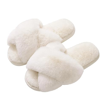 Evshine Women's Fuzzy Slippers Cross Band Memory Foam House Slippers Open Toe Indoor Outdoor Shoes, White, 38-39 (Size 7-8)