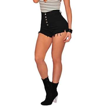 Tengo Womens High Waist Microstretch Cotton Denim Shorts(Black,L)