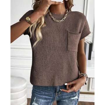 KIRUNDO Short Sleeve Sweater for Women 2025 Casual Sweater Vest Cotton Knit Pullover Tank Tops Trendy Spring Summer Outfits(Light Coffee, Medium)