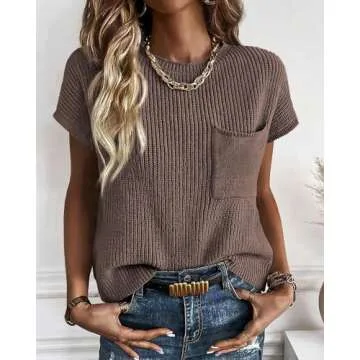 KIRUNDO Short Sleeve Sweater for Women 2025 Casual Sweater Vest Cotton Knit Pullover Tank Tops Trendy Spring Summer Outfits(Light Coffee, Medium)