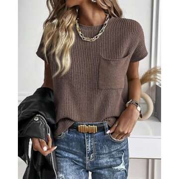 KIRUNDO Short Sleeve Sweater for Women 2025 Casual Sweater Vest Cotton Knit Pullover Tank Tops Trendy Spring Summer Outfits(Light Coffee, Medium)