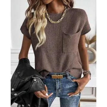KIRUNDO Short Sleeve Sweater for Women 2025 Casual Sweater Vest Cotton Knit Pullover Tank Tops Trendy Spring Summer Outfits(Light Coffee, Medium)