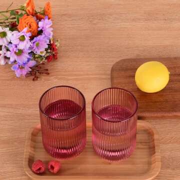 GLASS SMILE Ribbed Modern Drinking Glasses Set of 4-14.5 OZ Rose Romantic Water Glasses Tumblers for Wine, Whisky, Beer, Juice, Beverages, Cocktail