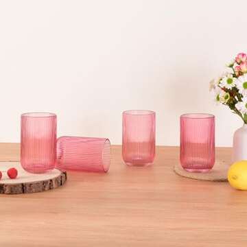 GLASS SMILE Ribbed Modern Drinking Glasses Set of 4-14.5 OZ Rose Romantic Water Glasses Tumblers for Wine, Whisky, Beer, Juice, Beverages, Cocktail