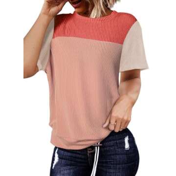 BLENCOT Womens Summer Tops 2025 Colorblock Round Neck Cute Women 2025 Fashion Loose Fit Spring Tops Business Blouses Work t-Shirts Red Medium