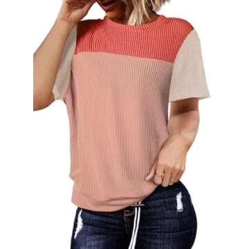BLENCOT Womens Summer Tops 2025 Colorblock Round Neck Cute Women 2025 Fashion Loose Fit Spring Tops Business Blouses Work t-Shirts Red Medium