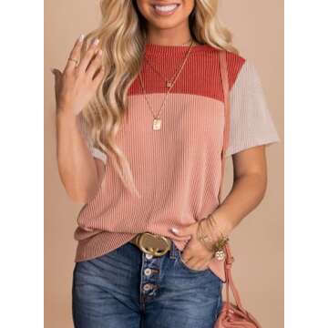 BLENCOT Womens Summer Tops 2025 Colorblock Round Neck Cute Women 2025 Fashion Loose Fit Spring Tops Business Blouses Work t-Shirts Red Medium